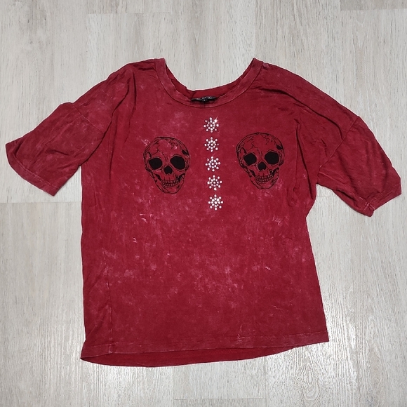POL Tops - POL Red Short Sleeve Skull Tee with Rhinestone Accents